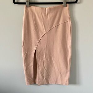 Light Knit Bodycon Stretch Pencil Skirt - Front Slit - Light Peach Pink/Cream